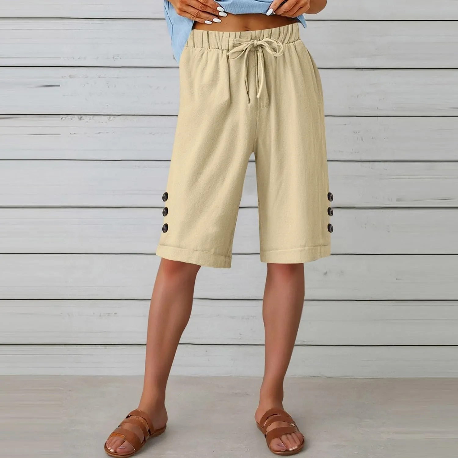 Bermuda Shorts for Women Plus Size Knee Length Lounge Shorts Elastic Drawstring Lightweight Comfy Short with Pockets