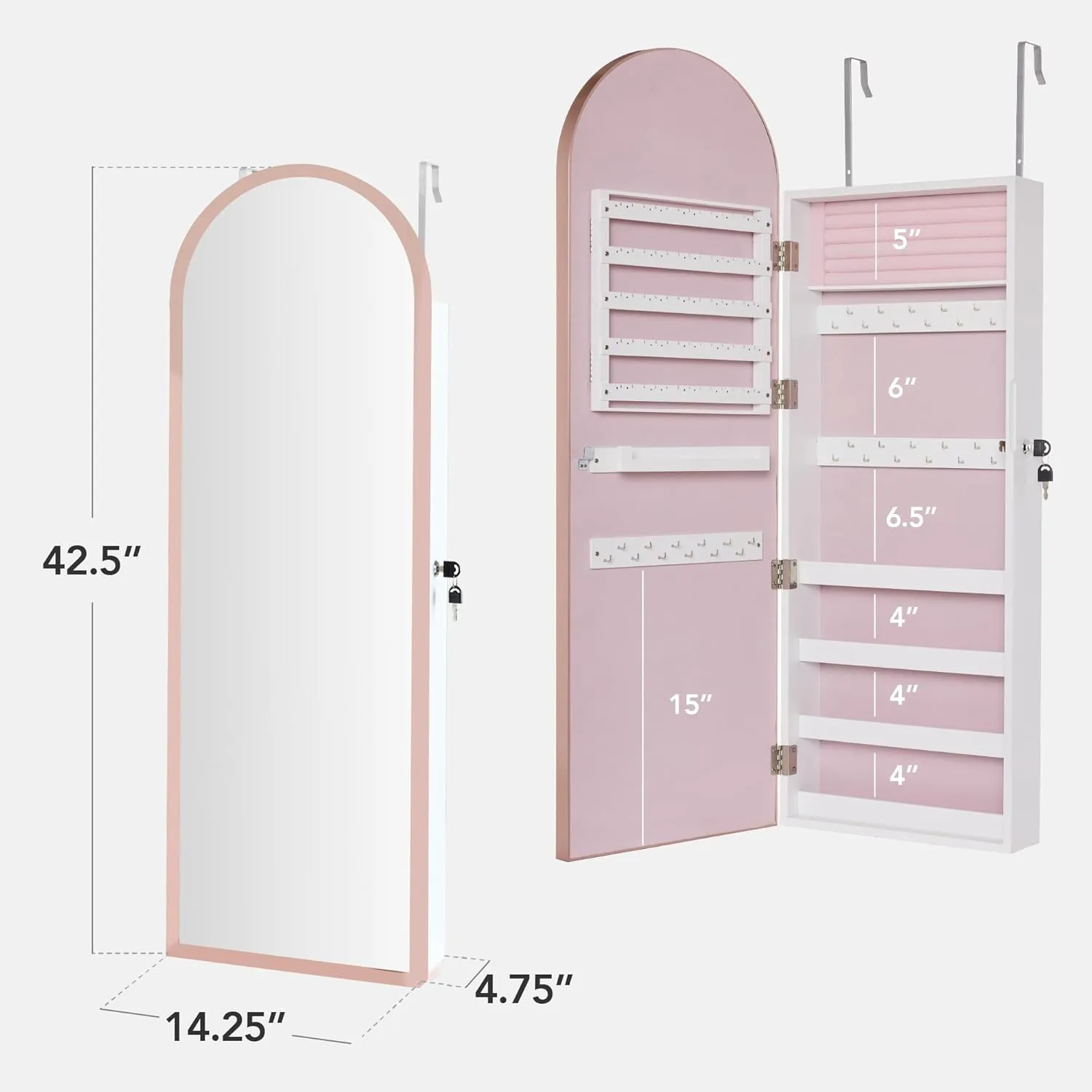 Best Choice Products Arch Mirror Jewelry Cabinet, Jewelry Storage Organizer, Armoire, Lockable Wall or Door Mountable, Full-Length Mirror - Rose Gold