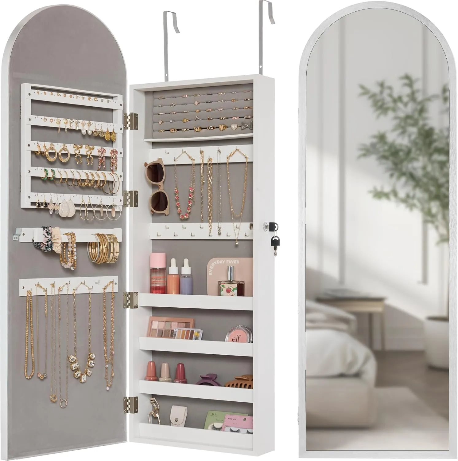 Best Choice Products Arch Mirror Jewelry Cabinet, Jewelry Storage Organizer, Armoire, Lockable Wall or Door Mountable, Full-Length Mirror - Silver