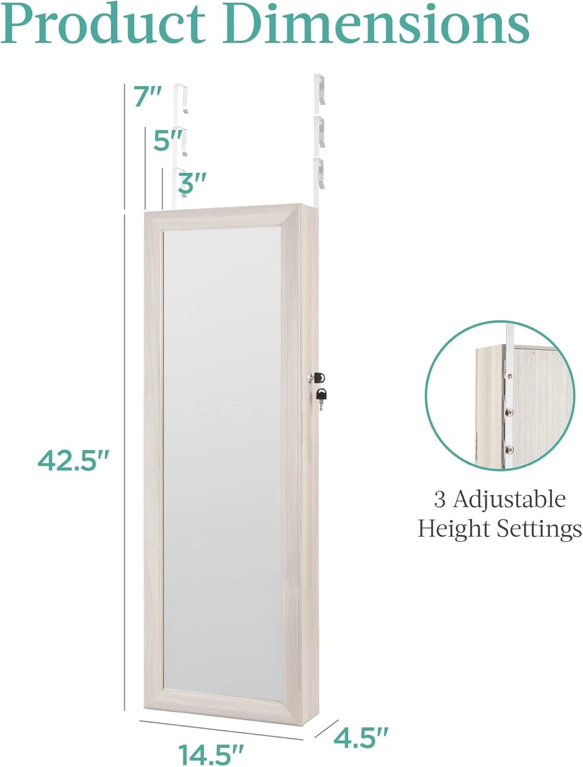 Best Choice Products LED Mirror Jewelry Cabinet, Tall Lockable Wall or Door Mounted Jewelry Armoire Organizer with Mirror, 2 Drawers, Lock, Cosmetic Tray, Shelves - Coastal White