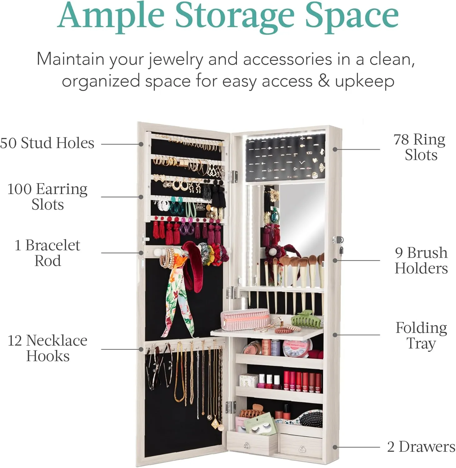 Best Choice Products LED Mirror Jewelry Cabinet, Tall Lockable Wall or Door Mounted Jewelry Armoire Organizer with Mirror, 2 Drawers, Lock, Cosmetic Tray, Shelves - Coastal White