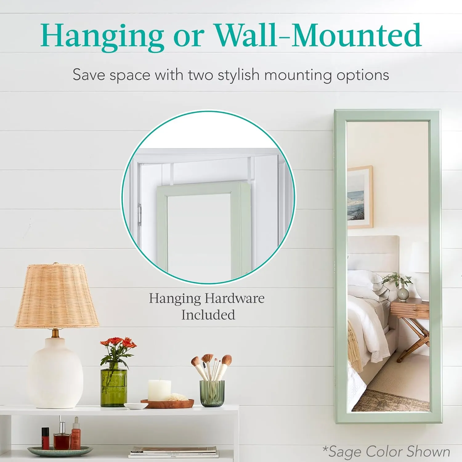 Best Choice Products LED Mirror Jewelry Cabinet, Tall Lockable Wall or Door Mounted Jewelry Armoire Organizer with Mirror, 2 Drawers, Lock, Cosmetic Tray, Shelves - Coastal White
