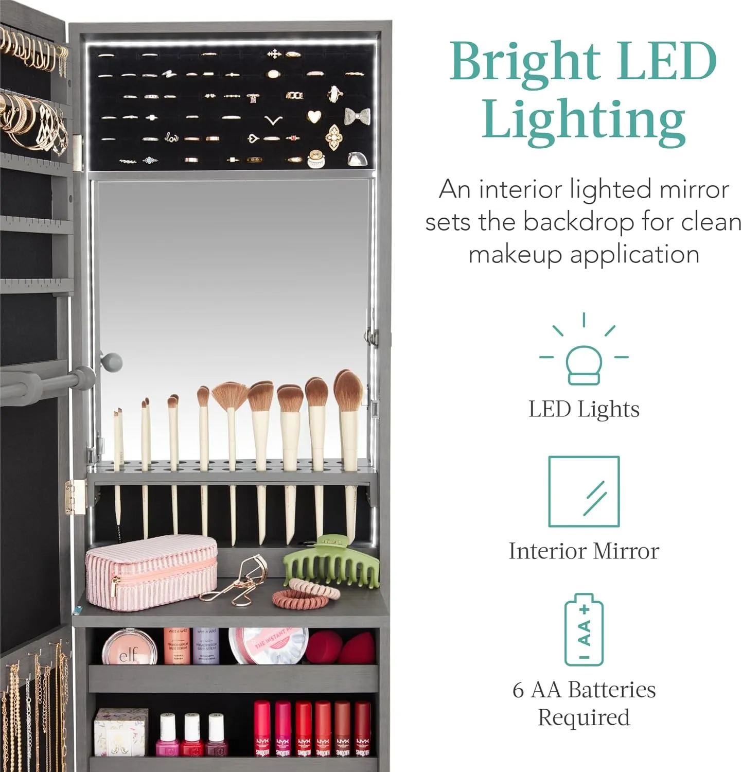 Best Choice Products LED Mirror Jewelry Cabinet, Tall Lockable Wall or Door Mounted Jewelry Armoire Organizer with Mirror, 2 Drawers, Lock, Cosmetic Tray, Shelves - Gray Oak