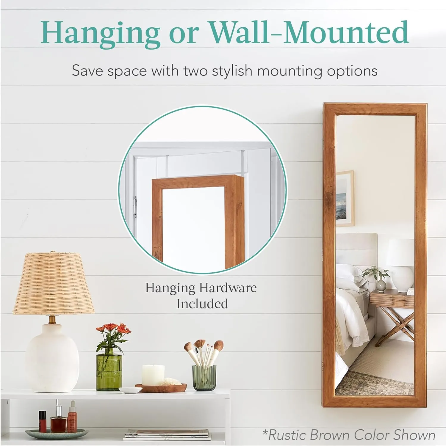 Best Choice Products LED Mirror Jewelry Cabinet, Tall Lockable Wall or Door Mounted Jewelry Armoire Organizer with Mirror, 2 Drawers, Lock, Cosmetic Tray, Shelves - Gray Oak