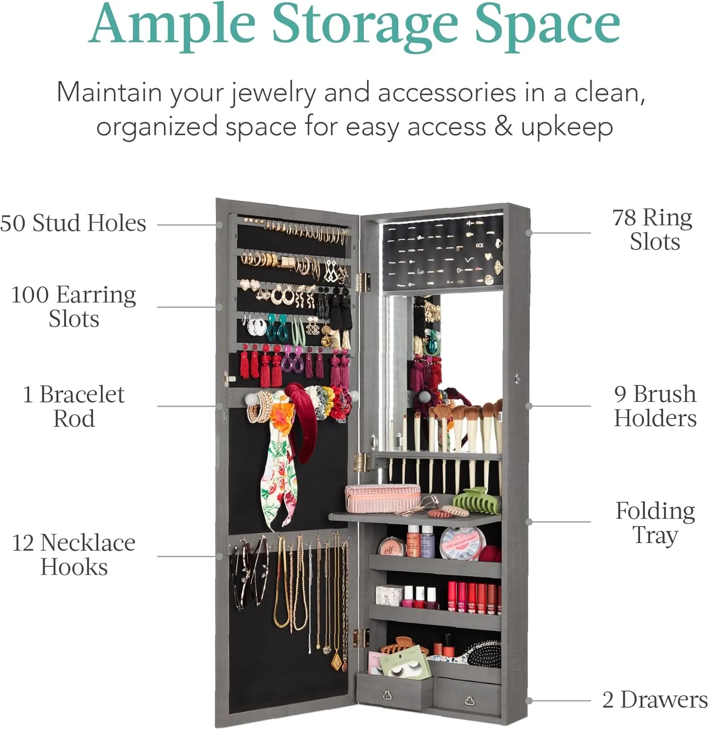 Best Choice Products LED Mirror Jewelry Cabinet, Tall Lockable Wall or Door Mounted Jewelry Armoire Organizer with Mirror, 2 Drawers, Lock, Cosmetic Tray, Shelves - Gray Oak