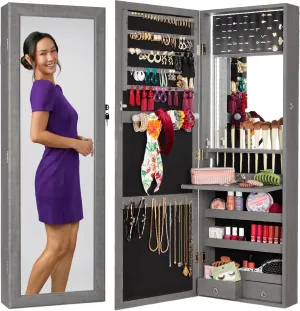 Best Choice Products LED Mirror Jewelry Cabinet, Tall Lockable Wall or Door Mounted Jewelry Armoire Organizer with Mirror, 2 Drawers, Lock, Cosmetic Tray, Shelves - Gray Oak