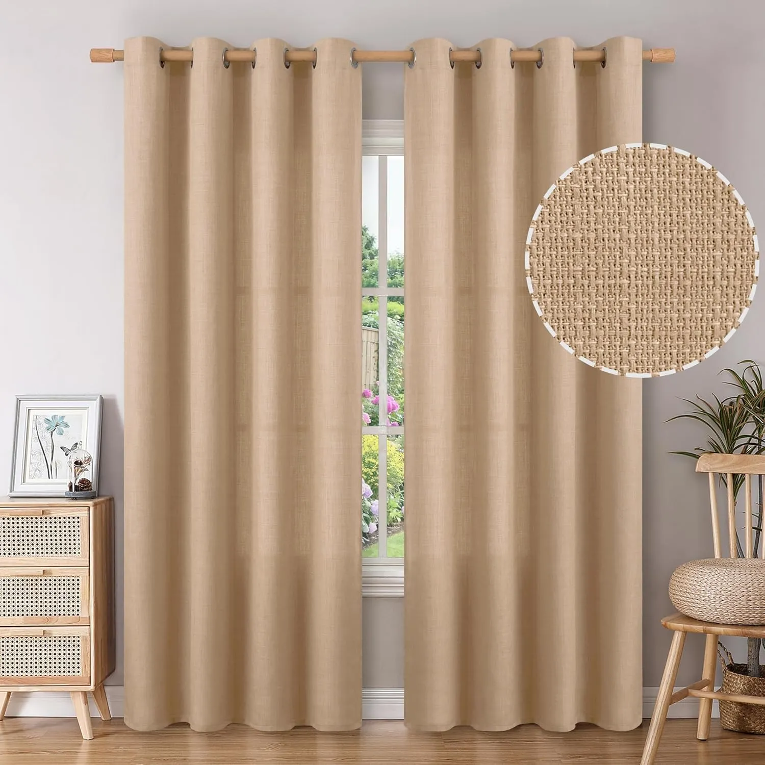 BGment Faux Linen Curtains 90 Inches Long Set of 2 Panels, Living Room Long Curtains Burlap Textured Thick Light Filtering Privacy Grommet Window Treatments, 52 x 90 Inch, Tan