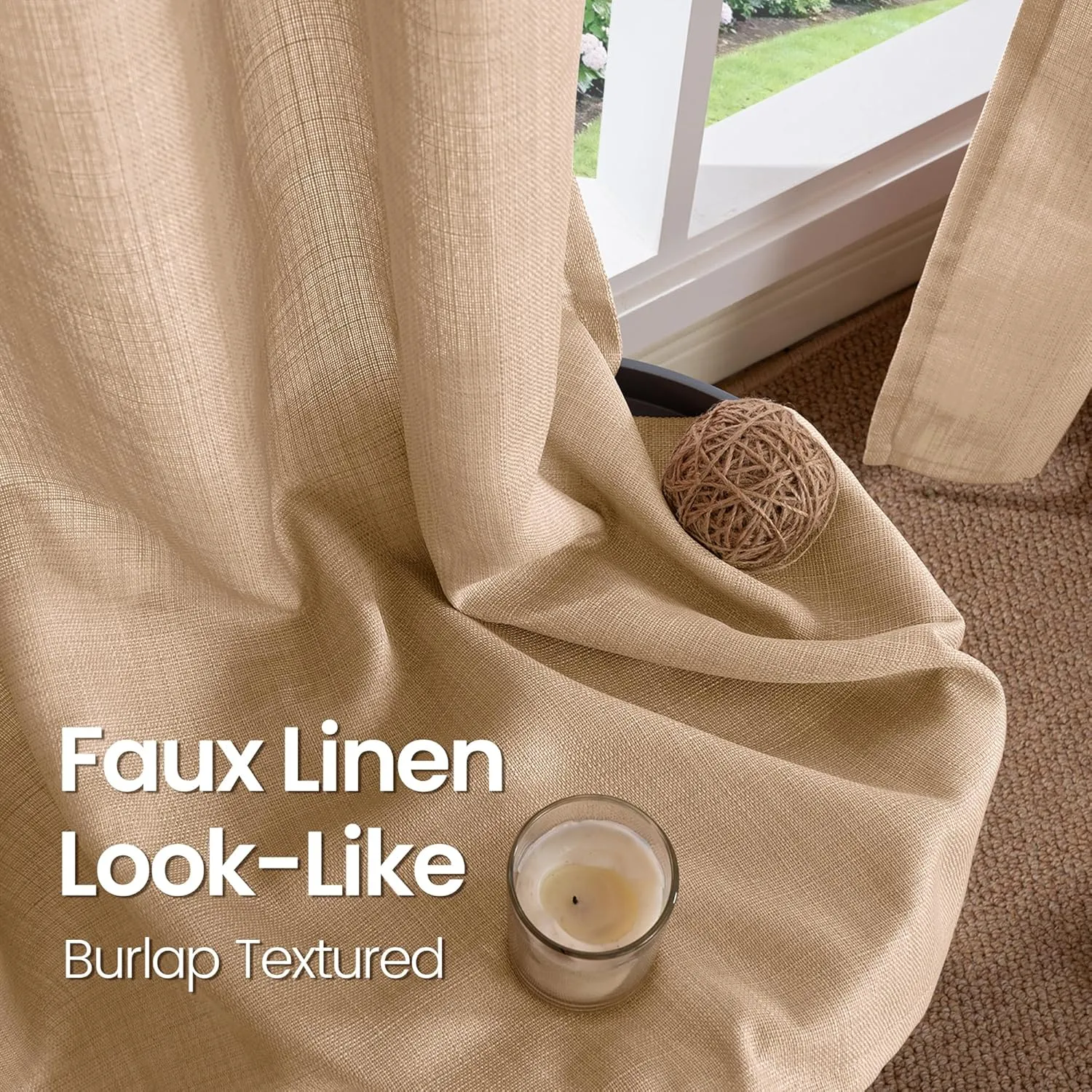 BGment Faux Linen Curtains 90 Inches Long Set of 2 Panels, Living Room Long Curtains Burlap Textured Thick Light Filtering Privacy Grommet Window Treatments, 52 x 90 Inch, Tan