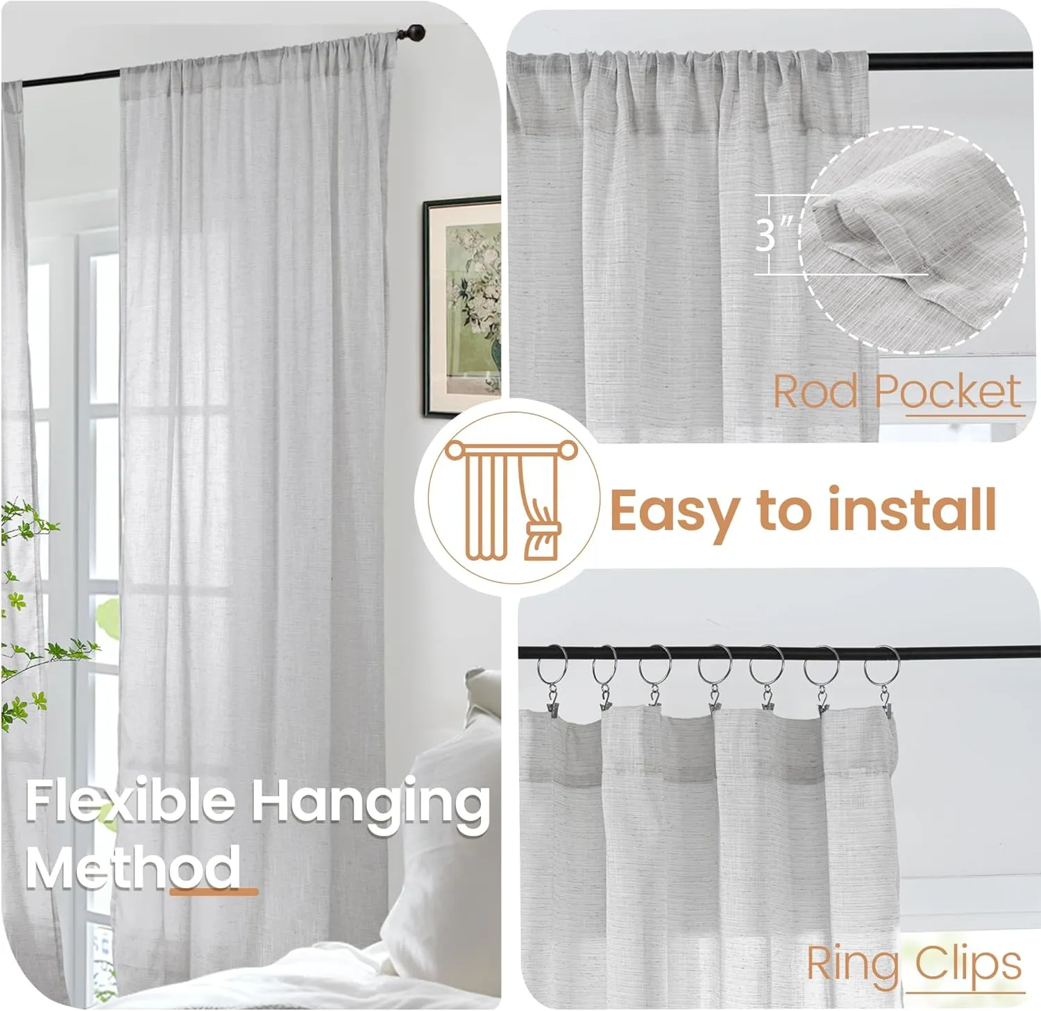 BGment Light Grey Linen Semi Sheer Curtains for Living Room - Rod Pocket Light Filtering Window Drapes Natural Textured for Bedroom Office Lightweight Rustic, 2 Panels Set, 52 X 63 Inch