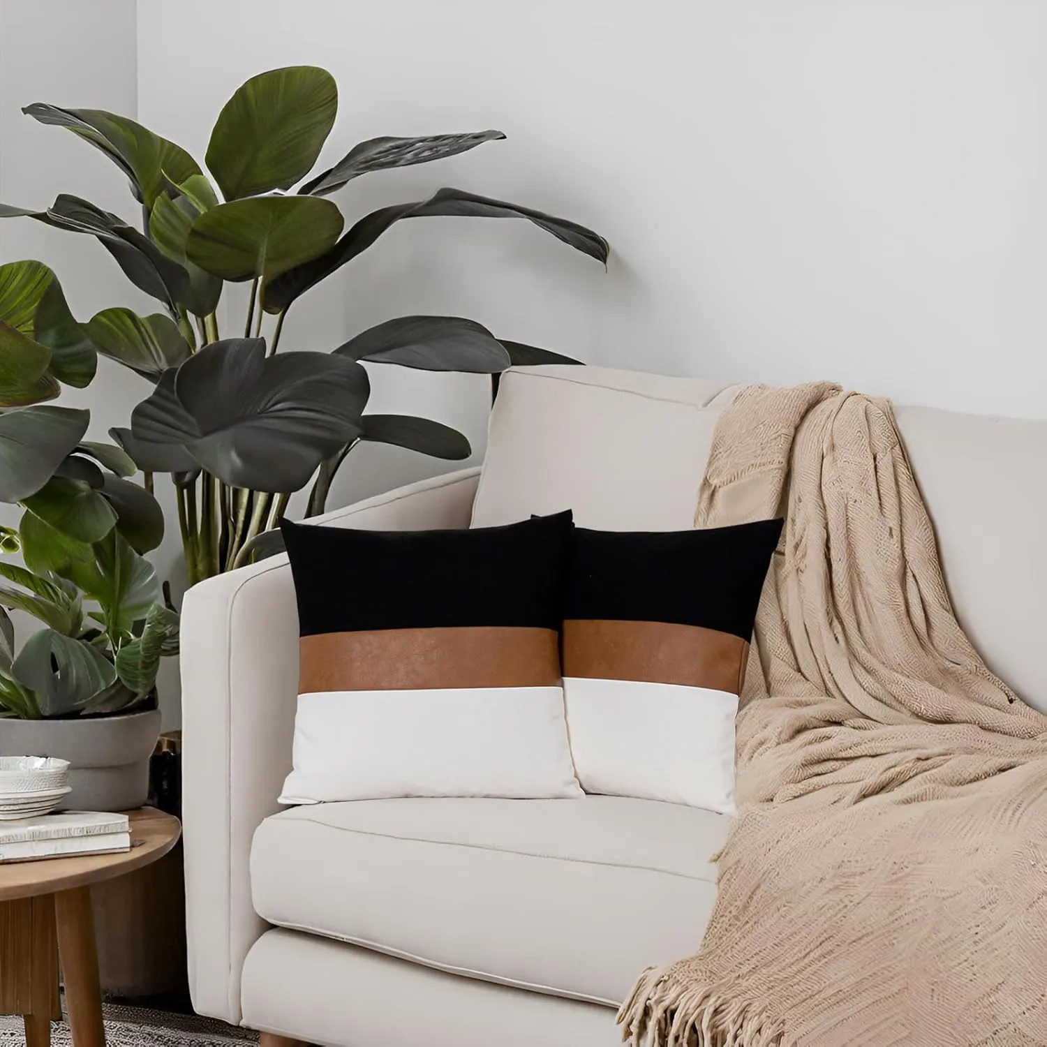 Black and White Couch Pillow Covers 22x22 Set of 2 Modern Stripe Farmhouse Decorative Throw Pillow Cover for Couch Living Room Bedroom Faux Leather Neutral Accent Pillow Case