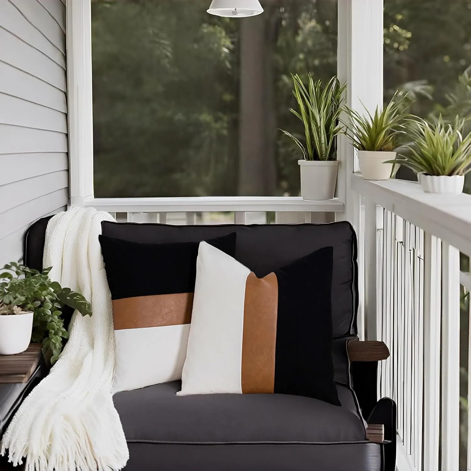 Black and White Couch Pillow Covers 22x22 Set of 2 Modern Stripe Farmhouse Decorative Throw Pillow Cover for Couch Living Room Bedroom Faux Leather Neutral Accent Pillow Case