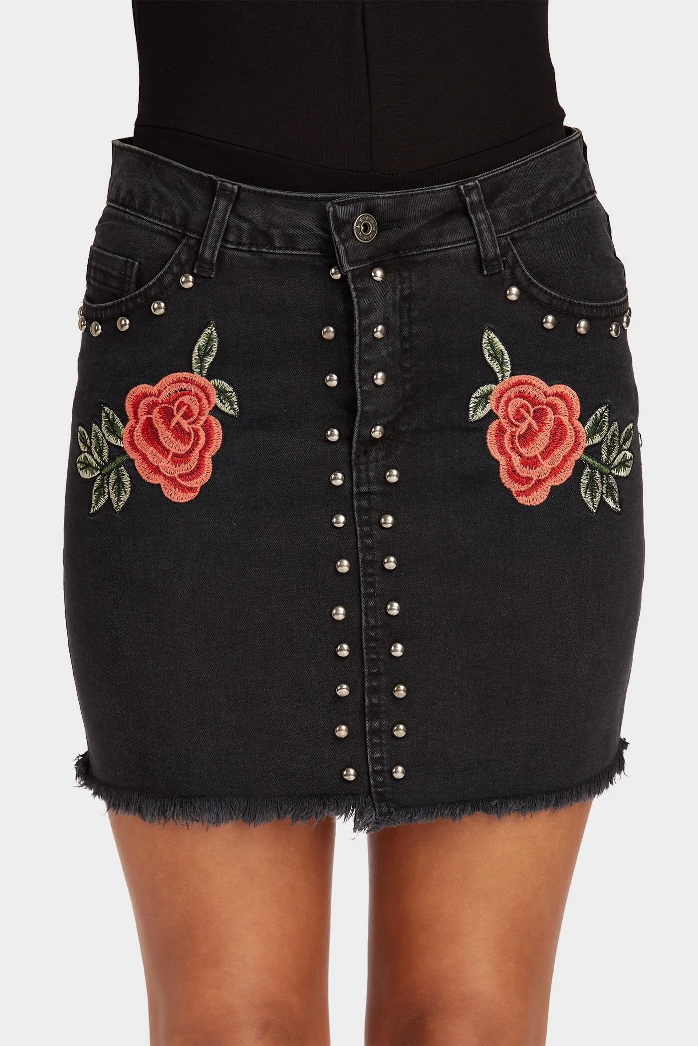 Black Rose Embellished Stud Denim Skirt