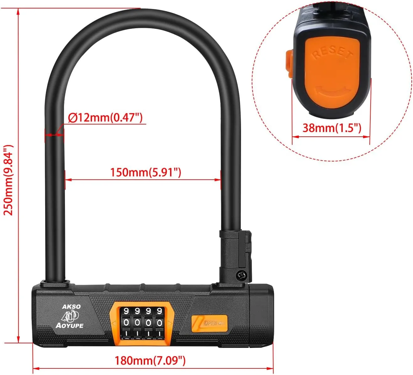 Black Silicone 4-Digit Resettable Combination Heavy Duty Anti-Theft Locks and 12mm x1.2m Cable,Keyless Lock for Outdoor,U-Lock with Sturdy Mounting Bracket,for Mountain Bikes,（1 Set）