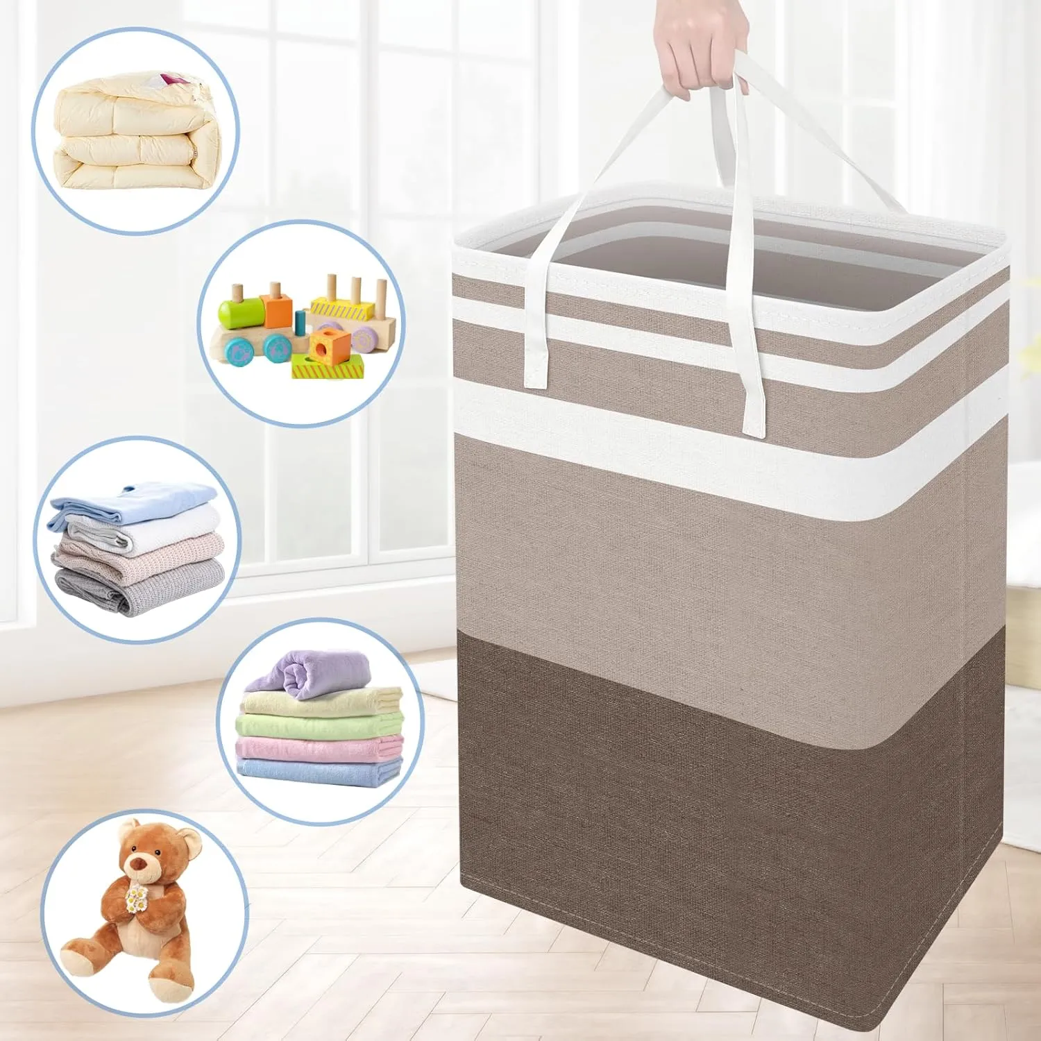 BlissTotes 3-Pack Laundry Basket, Freestanding＆Waterproof Laundry Hamper, Collapsible Tall Clothes Hamper with Easy Carry Handles for Clothes, Towels in the Family and Dorm,Gradient Khaki,75L