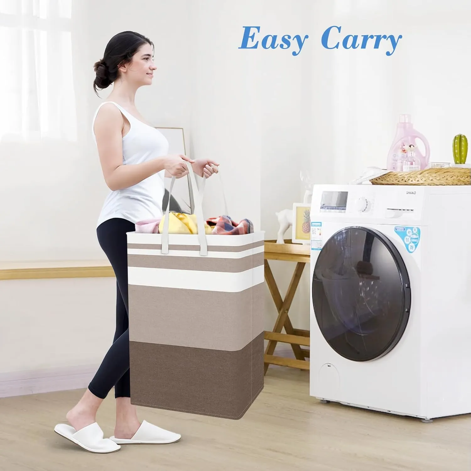 BlissTotes 3-Pack Laundry Basket, Freestanding＆Waterproof Laundry Hamper, Collapsible Tall Clothes Hamper with Easy Carry Handles for Clothes, Towels in the Family and Dorm,Gradient Khaki,75L