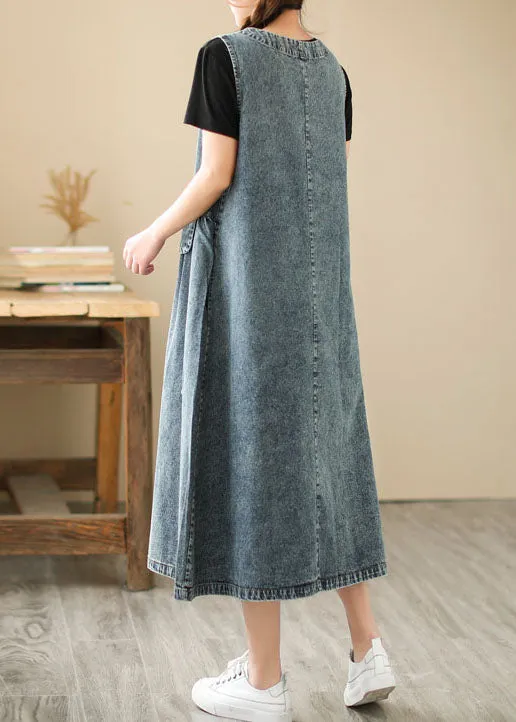 Blue Pockets Wrinkled Patchwork Denim Dresses