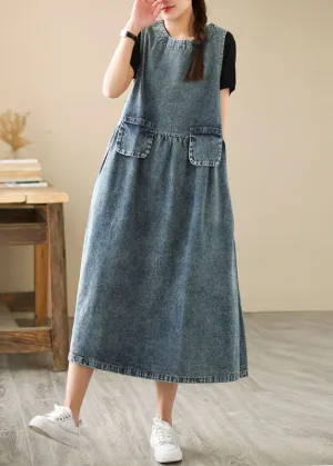 Blue Pockets Wrinkled Patchwork Denim Dresses