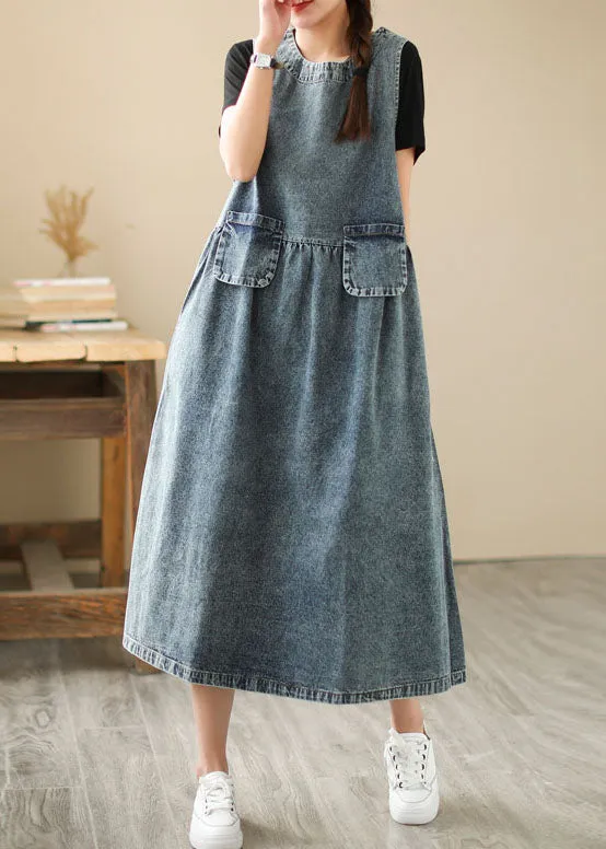 Blue Pockets Wrinkled Patchwork Denim Dresses