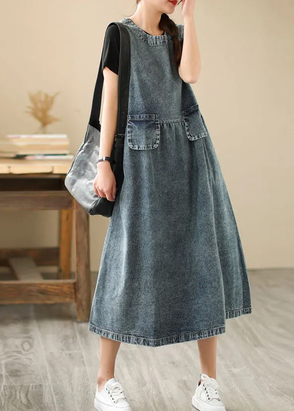 Blue Pockets Wrinkled Patchwork Denim Dresses