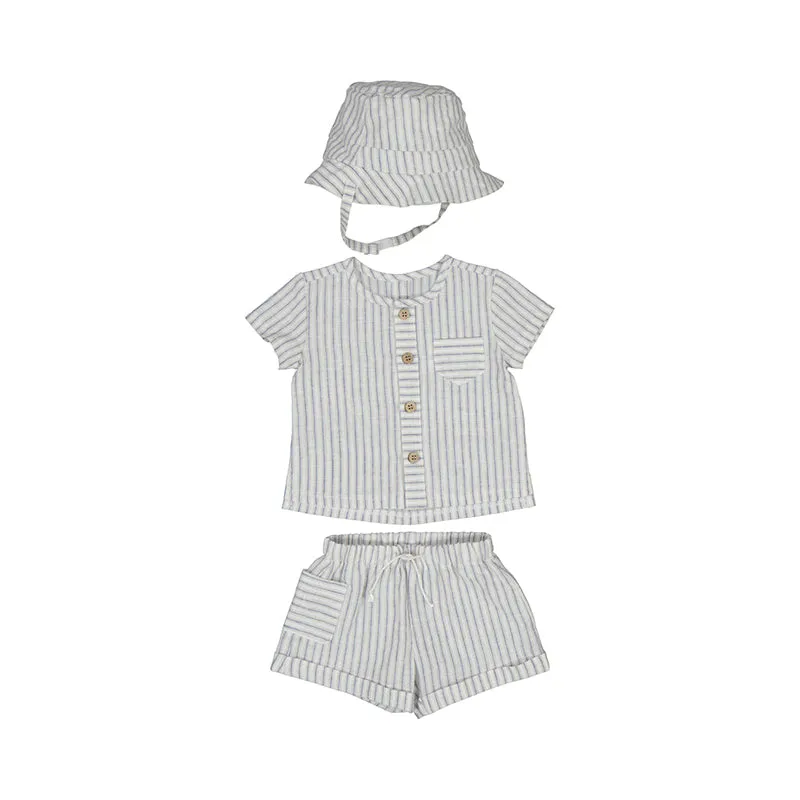 Blue Ticking Shirt & Short Set & Hat
