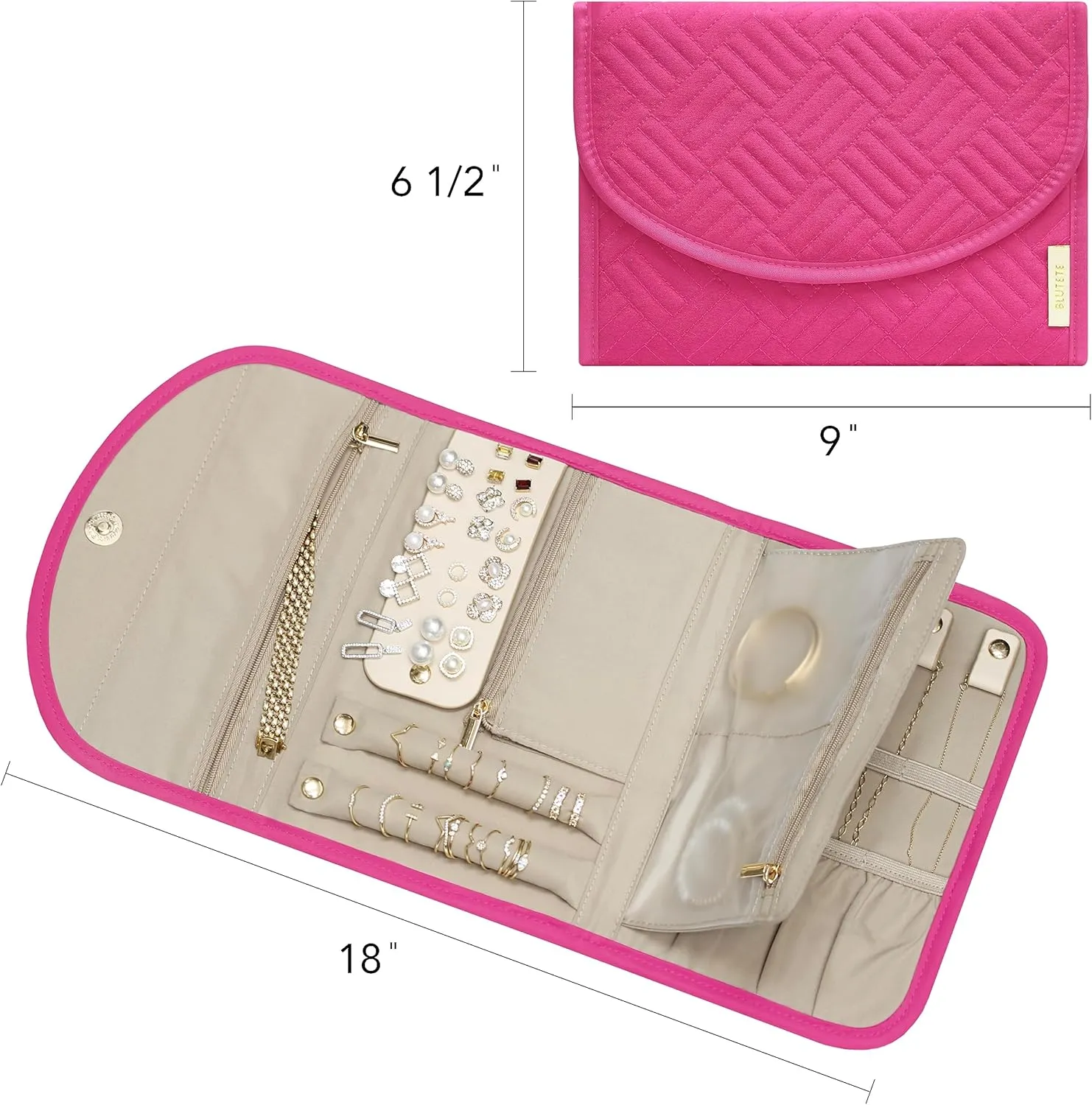 BLUTETE Jewelry Travel Foldable Bag | Organizer Roll Jewelry Case | Travel Jewelry Storage Case for Women | Rings Earrings Necklaces Bracelets Organizer (Magenta)