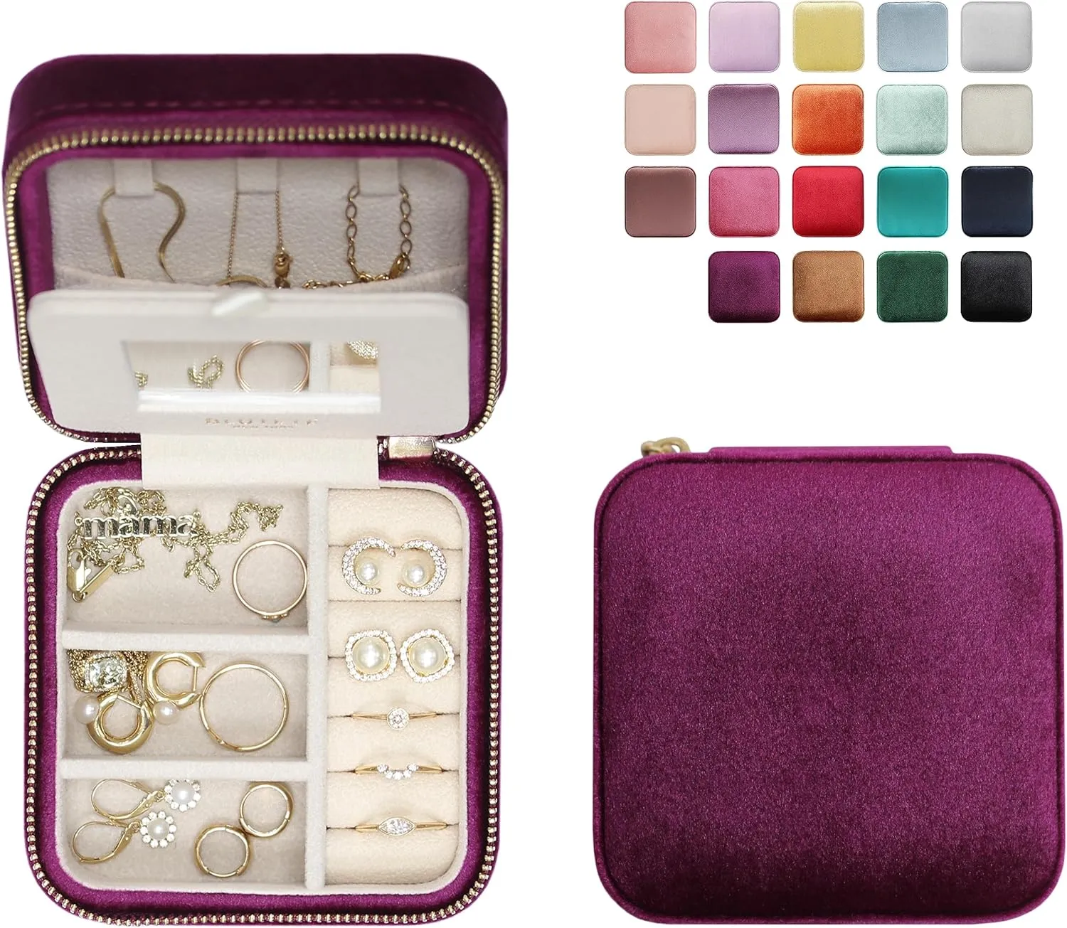 BLUTETE Travel Jewelry Box Organizer Velvet Travel Case With Mirror Ring Earrings Necklaces Storage Organizer Box (Mulberry)