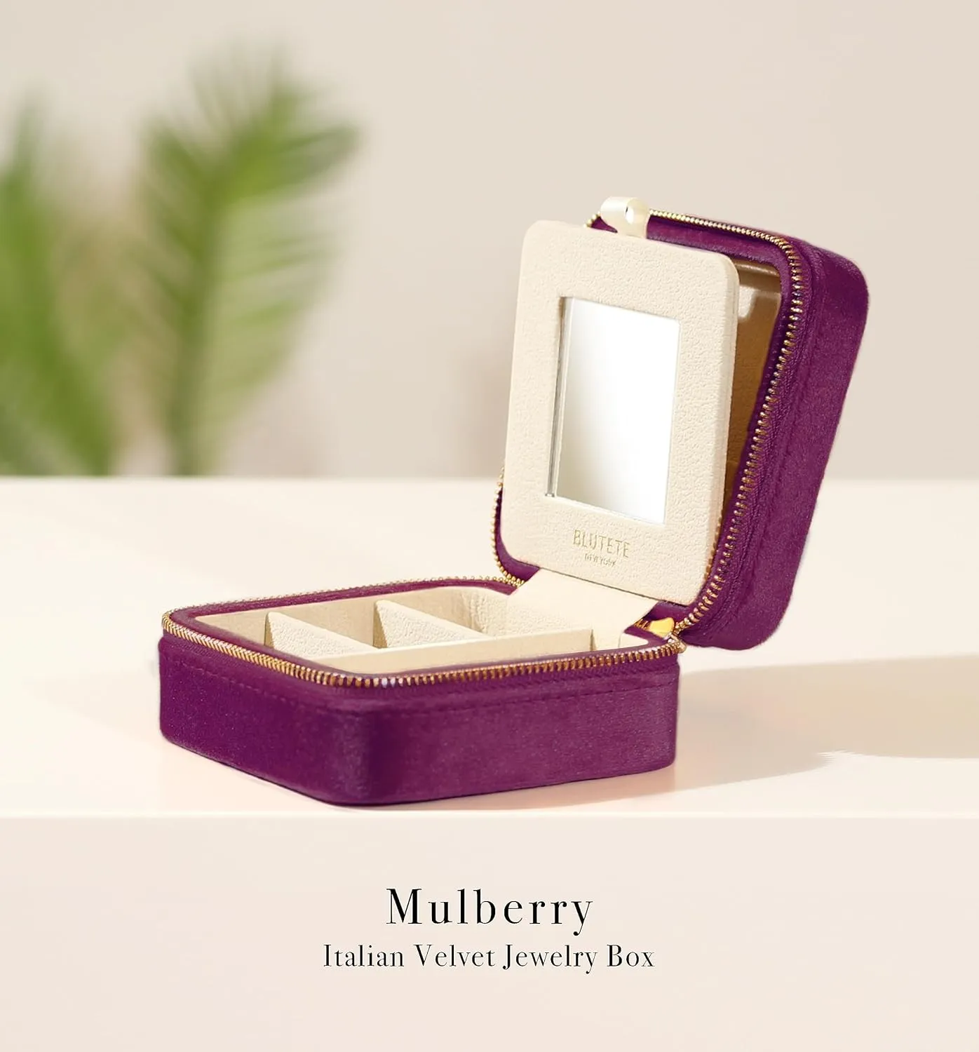 BLUTETE Travel Jewelry Box Organizer Velvet Travel Case With Mirror Ring Earrings Necklaces Storage Organizer Box (Mulberry)