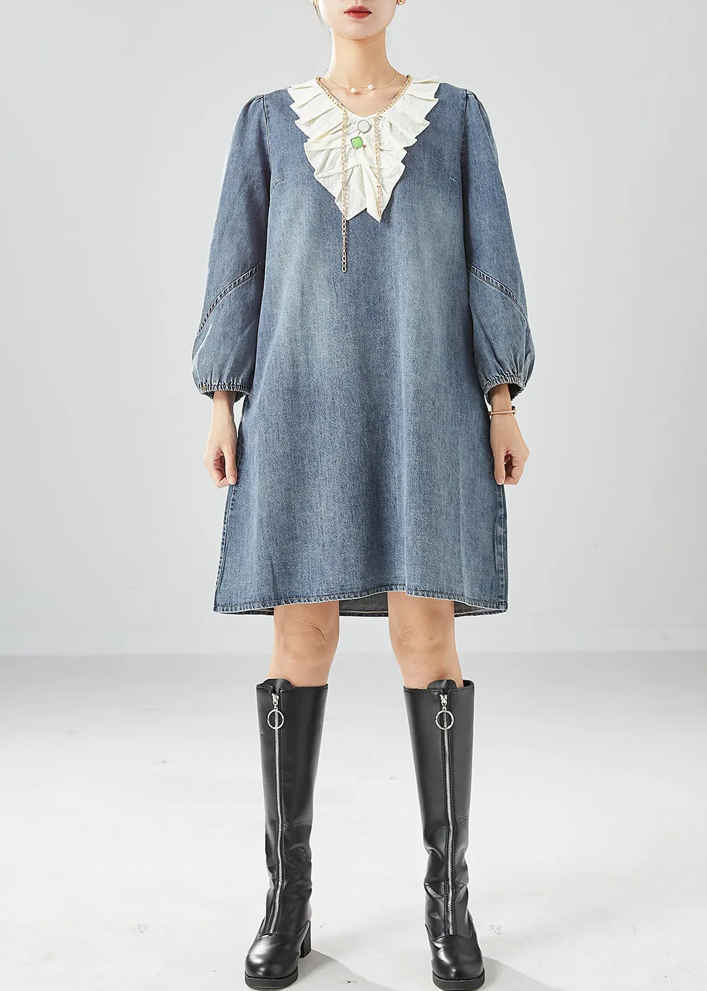 Bohemian Grey Blue Ruffles Patchwork Denim Maxi Dress