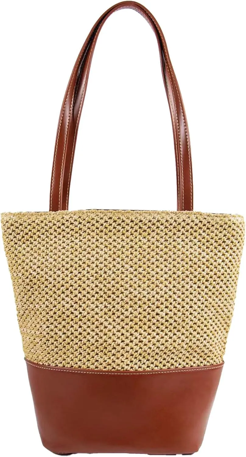 Boho Straw Leather Crossbody Bags for Women Summer Bucket Bag Woven Shoulder Bag Hobo Straw Handbags Beach Purse for Women Vacation