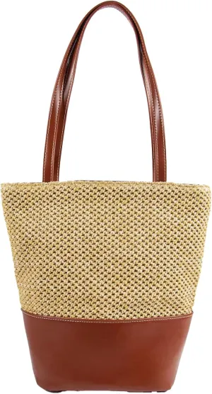 Boho Straw Leather Crossbody Bags for Women Summer Bucket Bag Woven Shoulder Bag Hobo Straw Handbags Beach Purse for Women Vacation