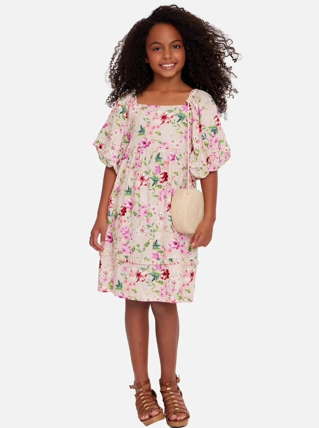 Bonnie Jean Girls 2T-16 Balloon Sleeve Floral Linen Easter Dress