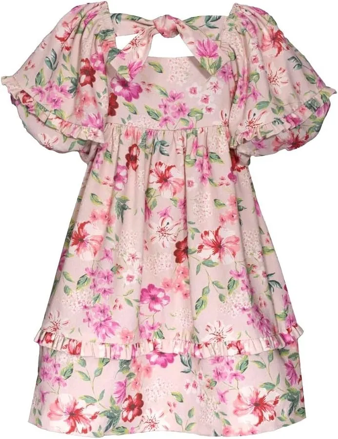 Bonnie Jean Girls 2T-16 Balloon Sleeve Floral Linen Easter Dress