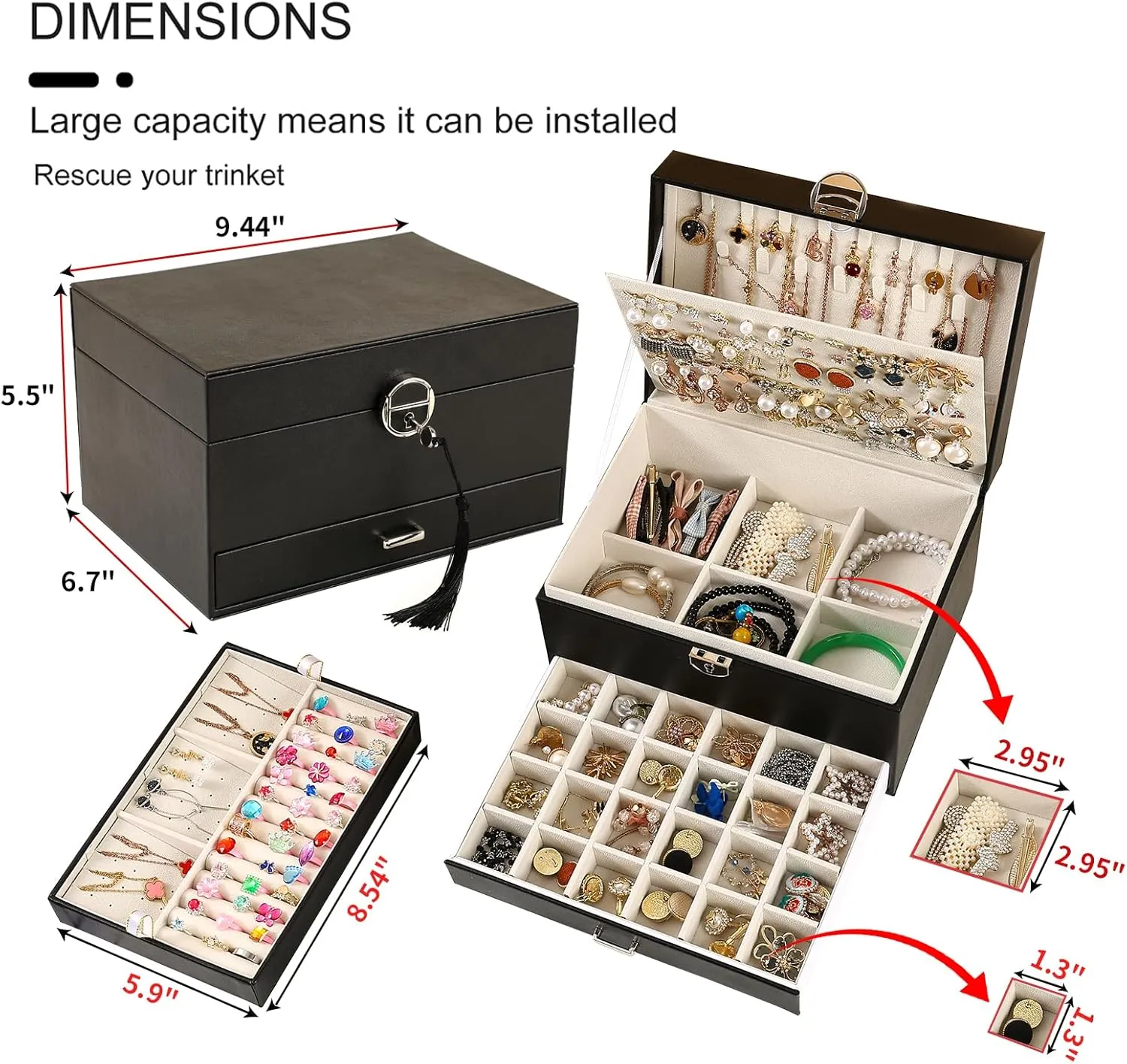 BOOVO Earring Jewelry Box For Women Girl Stud Organizer, 5 Layers Girl Jewelry Organizer Box With Lock Earring Holder Organizer Necklace Ring Jewelry Organizer Box For Girls (Black)