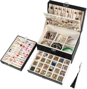 BOOVO Earring Jewelry Box For Women Girl Stud Organizer, 5 Layers Girl Jewelry Organizer Box With Lock Earring Holder Organizer Necklace Ring Jewelry Organizer Box For Girls (Black)