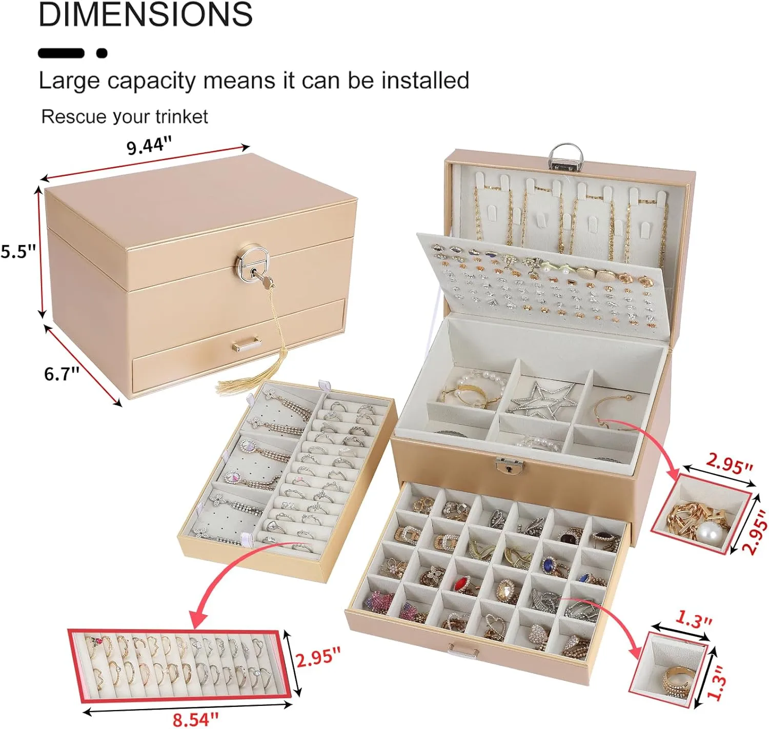 BOOVO Earring Jewelry Box For Women Girl Stud Organizer, 5 Layers Girl Jewelry Organizer Box With Lock Earring Holder Organizer Necklace Ring Jewelry Organizer Box For Girls (Champagne)