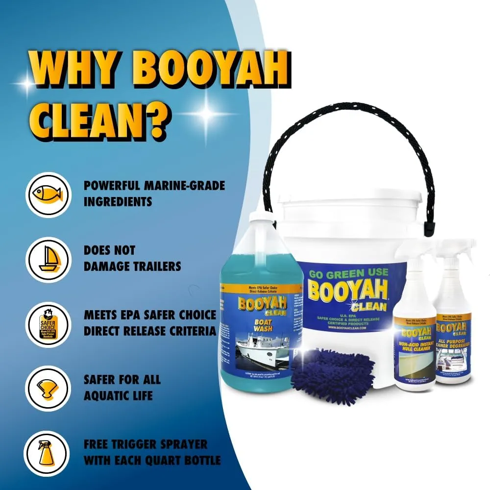 Booyah Clean Bucket Kit – Complete Boat Cleaning Kit Includes 5 Gallon Bucket, 1 Gallon Boat Wash, 1 Quart Hull Cleaner, 1 Quart All-Purpose Cleaner/Degreaser, 2 Trigger Sprayers, and 2 Mitts