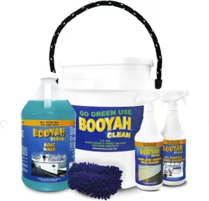Booyah Clean Bucket Kit – Complete Boat Cleaning Kit Includes 5 Gallon Bucket, 1 Gallon Boat Wash, 1 Quart Hull Cleaner, 1 Quart All-Purpose Cleaner/Degreaser, 2 Trigger Sprayers, and 2 Mitts