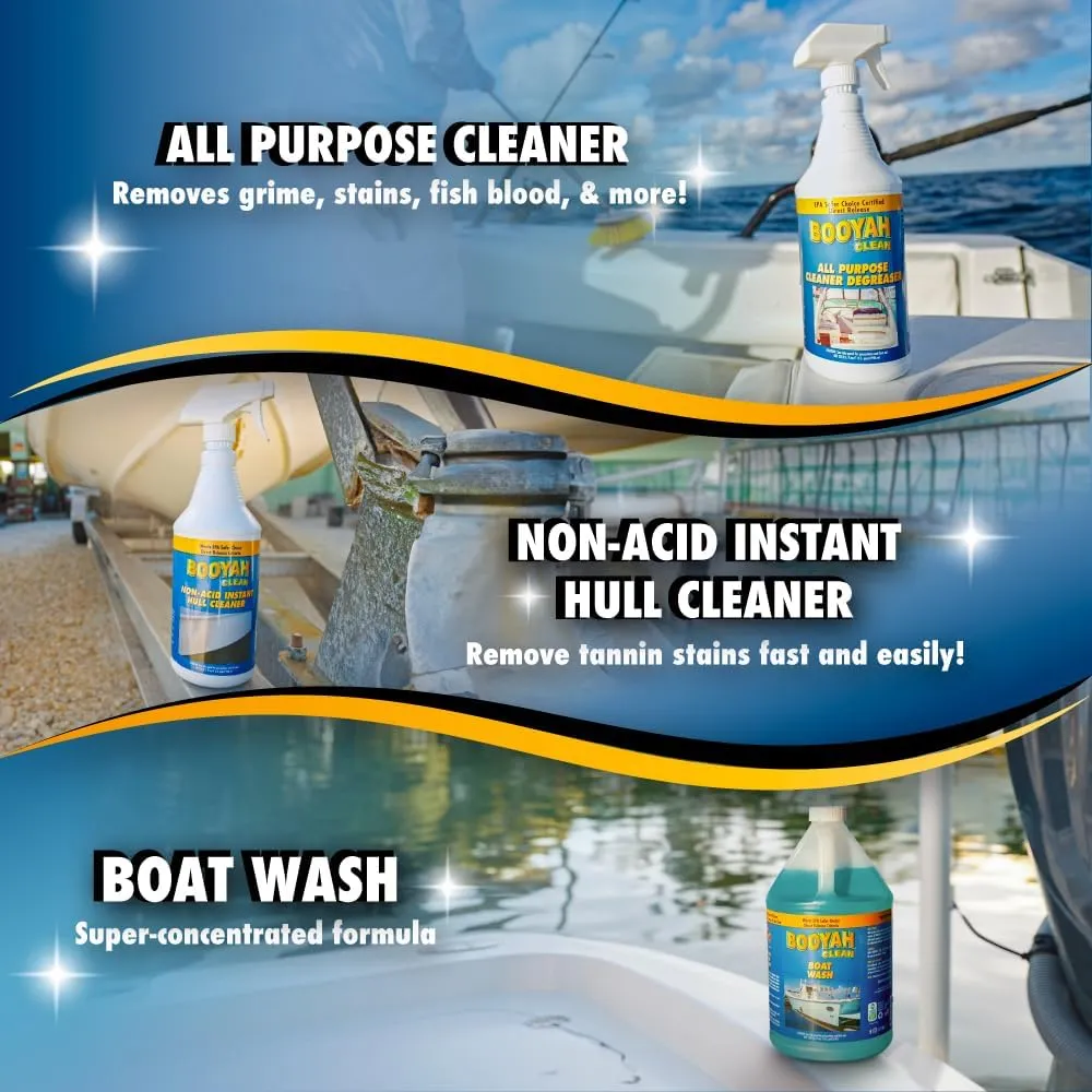 Booyah Clean Bucket Kit – Complete Boat Cleaning Kit Includes 5 Gallon Bucket, 1 Gallon Boat Wash, 1 Quart Hull Cleaner, 1 Quart All-Purpose Cleaner/Degreaser, 2 Trigger Sprayers, and 2 Mitts