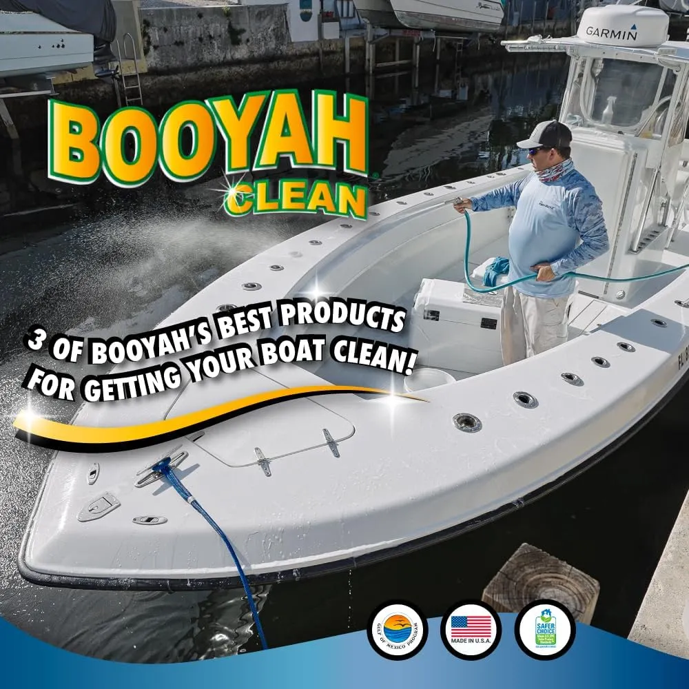 Booyah Clean Bucket Kit – Complete Boat Cleaning Kit Includes 5 Gallon Bucket, 1 Gallon Boat Wash, 1 Quart Hull Cleaner, 1 Quart All-Purpose Cleaner/Degreaser, 2 Trigger Sprayers, and 2 Mitts