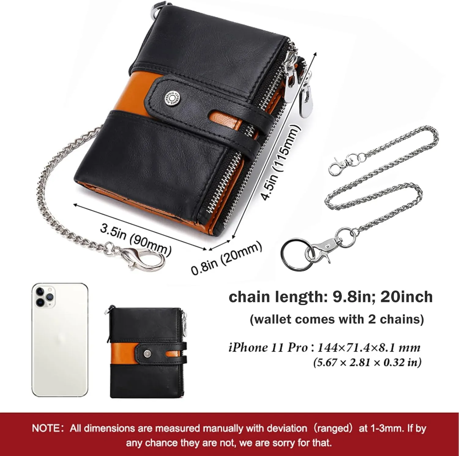 boshiho Real Leather RFID Blocking Bifold Wallets for Men Double Zipper Coin Pocket Purse with Anti-Theft Chain