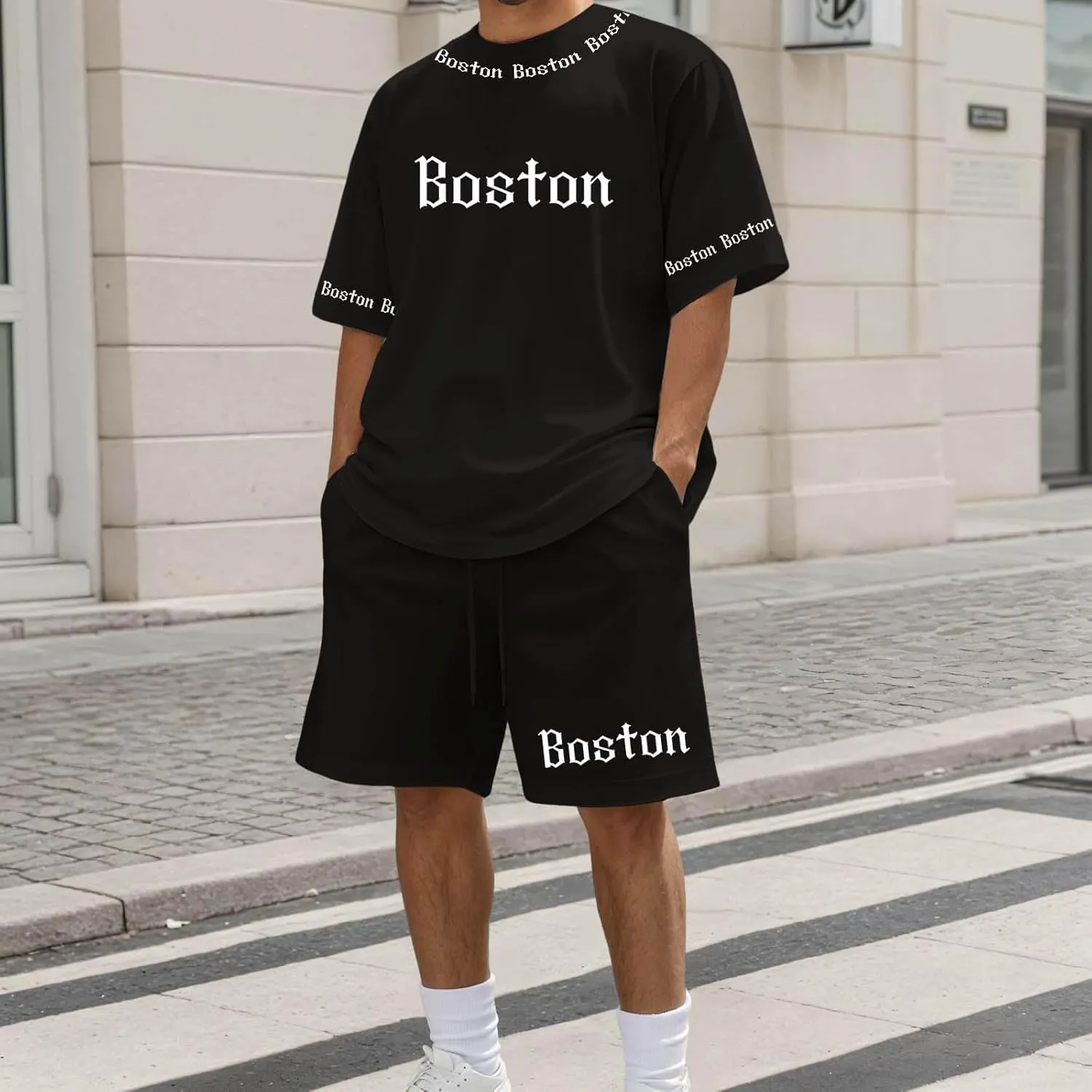 Boston Men Short Sets Outfits 2 Piece Summer Casual Loose Tracksuit Set 2025 Fashion Crewneck T Shirt & Shorts Suits