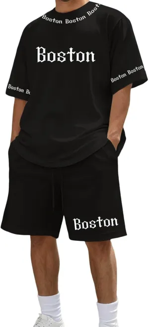 Boston Men Short Sets Outfits 2 Piece Summer Casual Loose Tracksuit Set 2025 Fashion Crewneck T Shirt & Shorts Suits