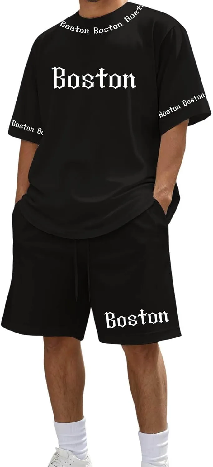 Boston Men Short Sets Outfits 2 Piece Summer Casual Loose Tracksuit Set 2025 Fashion Crewneck T Shirt & Shorts Suits