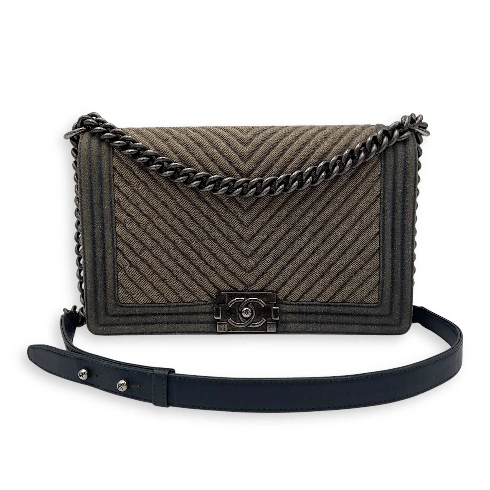 Boy Medium Blue Shoulder Bag in Denim, Ruthenium hardware