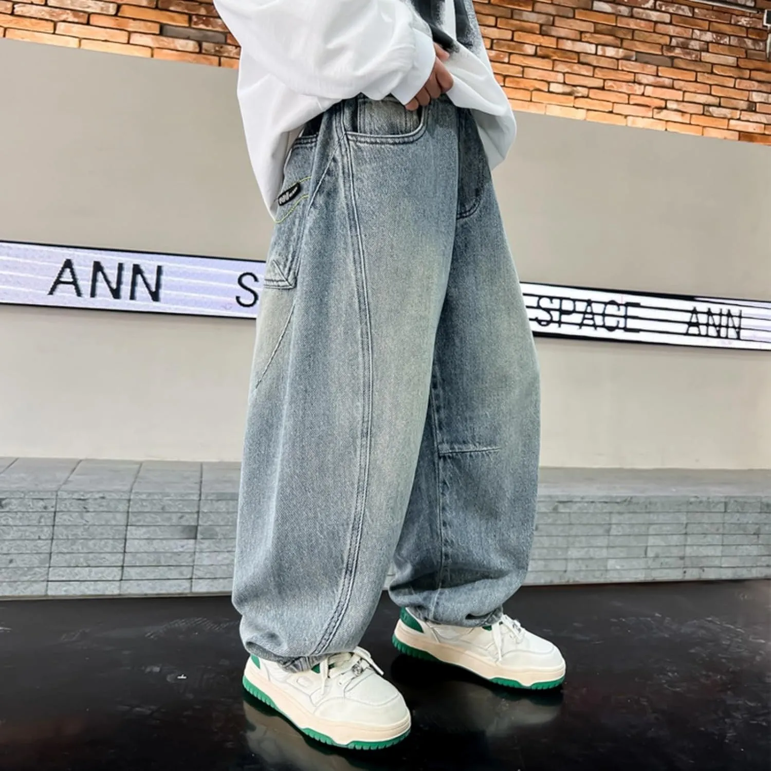 Boys Denim Jeans Pants Casual Baggy Wide Leg Cargo Pants Elastic Waistband Loose Fit Trouser Hip Hop Jean Streetwear