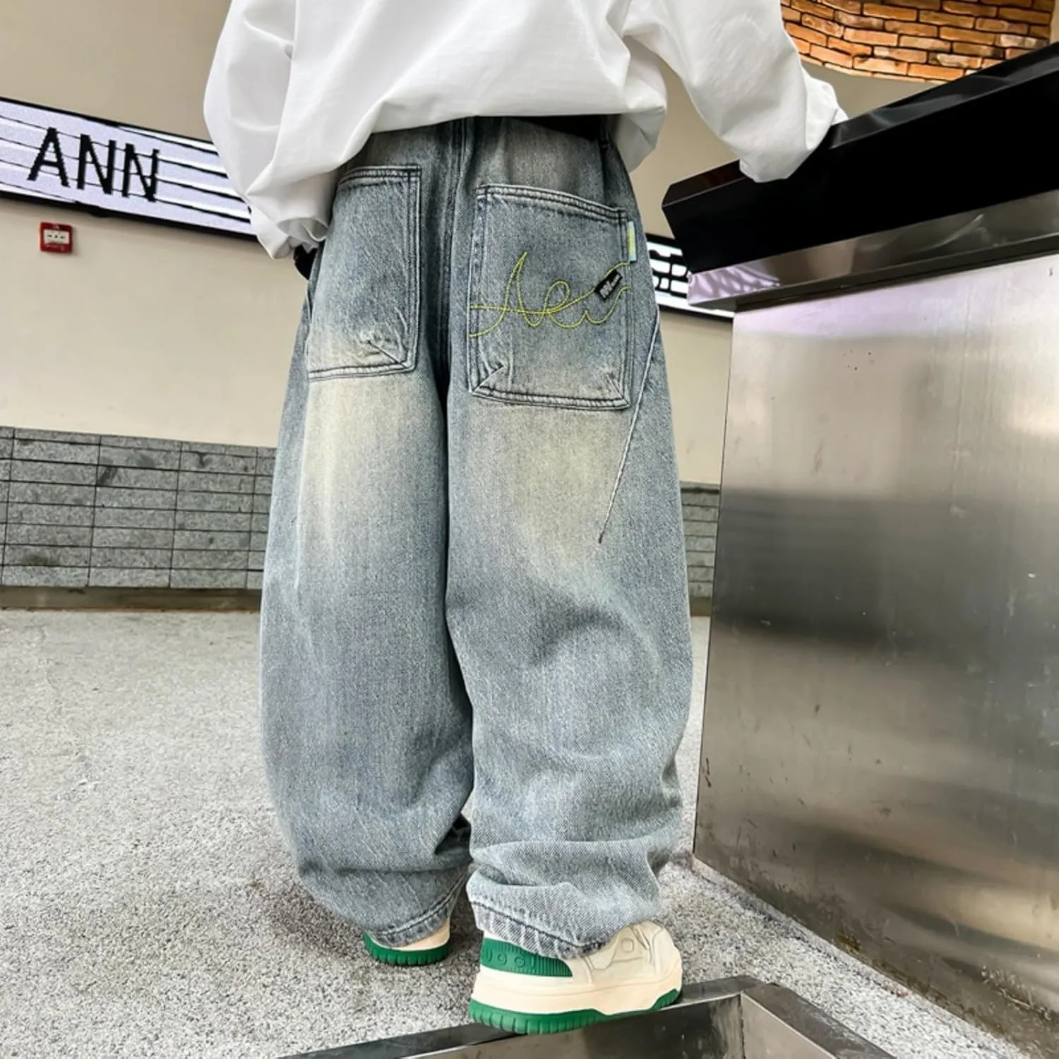 Boys Denim Jeans Pants Casual Baggy Wide Leg Cargo Pants Elastic Waistband Loose Fit Trouser Hip Hop Jean Streetwear