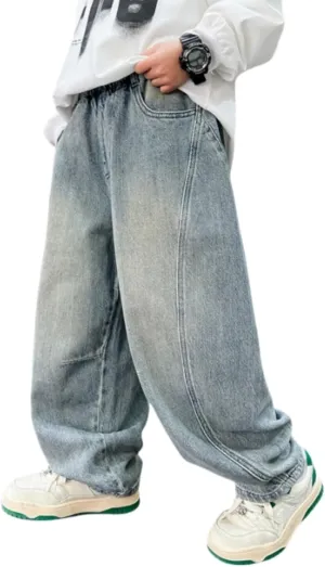Boys Denim Jeans Pants Casual Baggy Wide Leg Cargo Pants Elastic Waistband Loose Fit Trouser Hip Hop Jean Streetwear