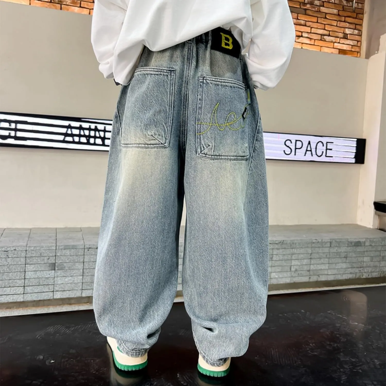 Boys Denim Jeans Pants Casual Baggy Wide Leg Cargo Pants Elastic Waistband Loose Fit Trouser Hip Hop Jean Streetwear