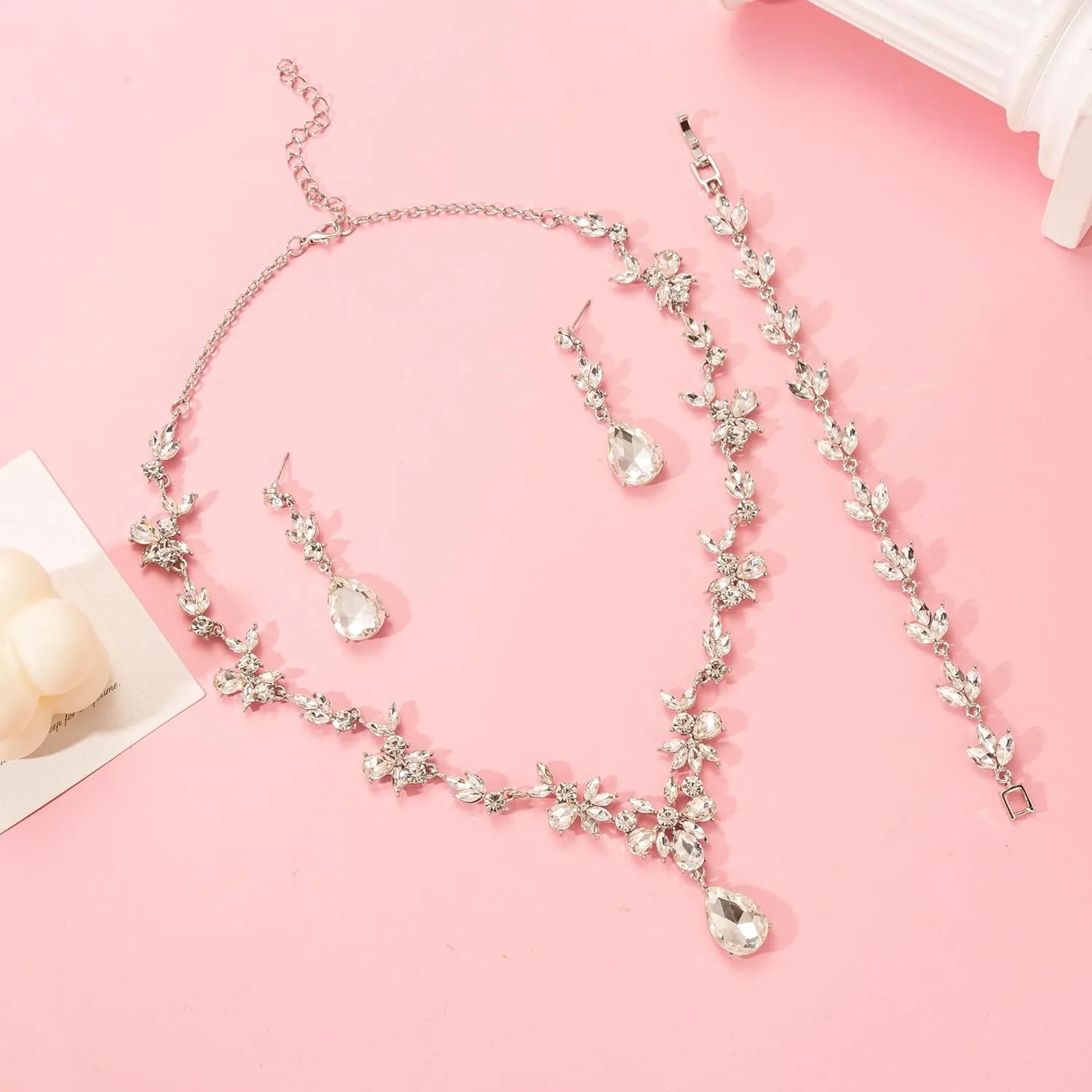 Bridal Wedding Elegant Floral Jewelry Set for Women/Brides/Bridesmaids Crystal Jewelry Set for Wedding Prom Party Bridal Crystal Necklace Earrings Bracelet Set