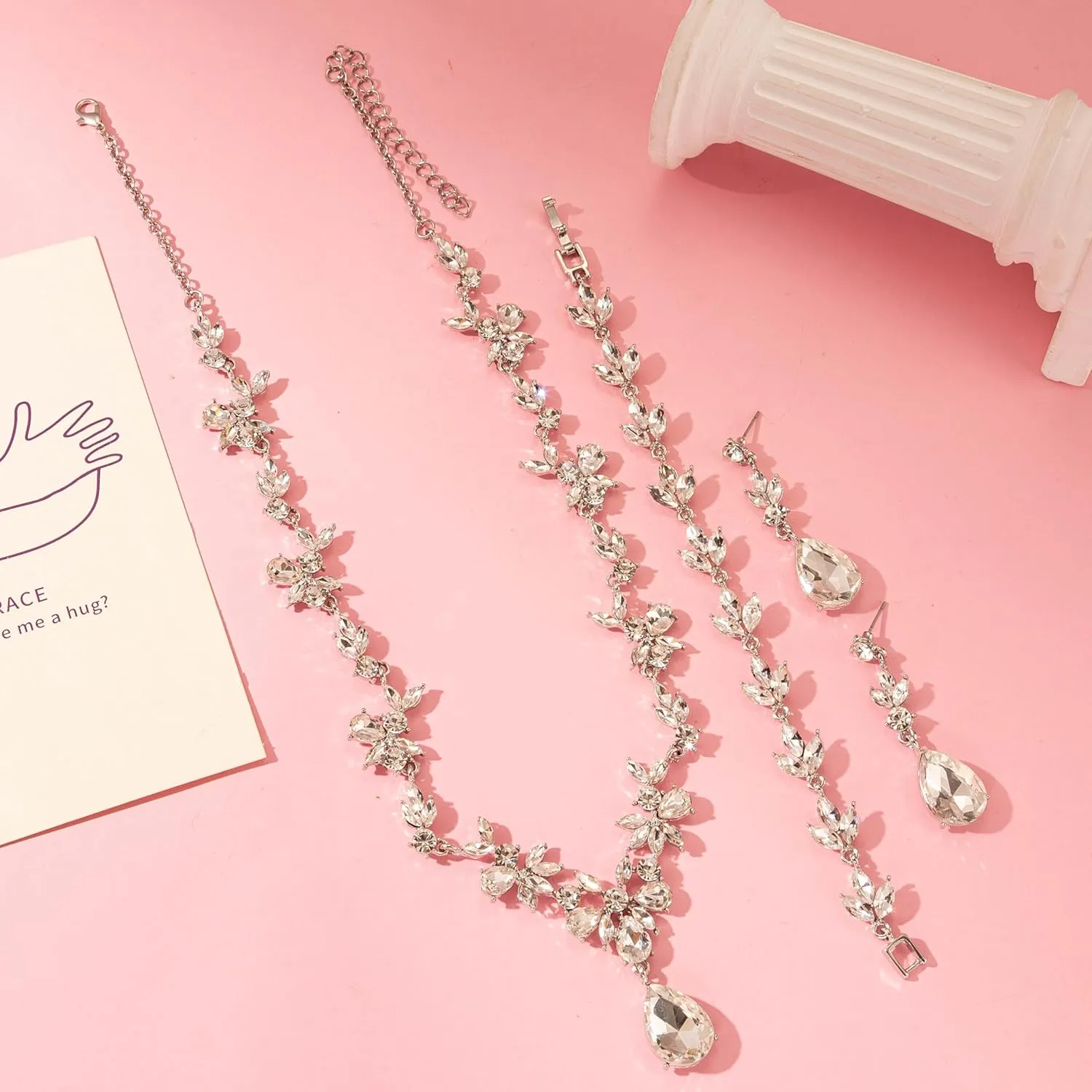 Bridal Wedding Elegant Floral Jewelry Set for Women/Brides/Bridesmaids Crystal Jewelry Set for Wedding Prom Party Bridal Crystal Necklace Earrings Bracelet Set